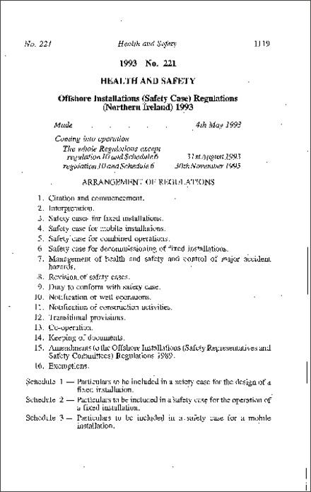 The Offshore Installations (Safety Case) Regulations (Northern Ireland) 1993