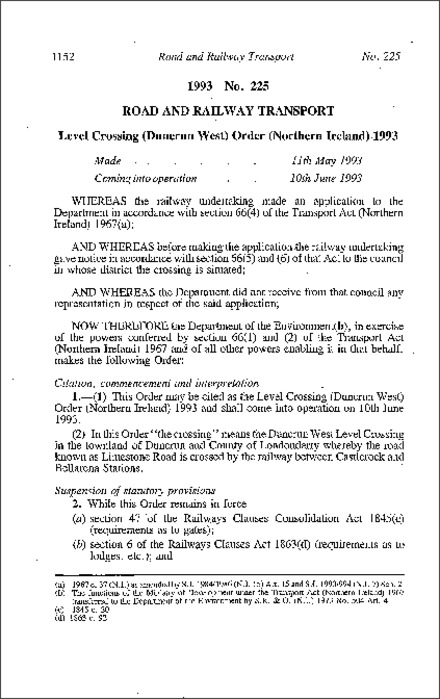 The Level Crossing (Duncrun West) Order (Northern Ireland) 1993