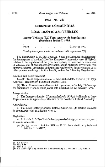 The Motor Vehicles (EC Type Approval) Regulations (Northern Ireland) 1993