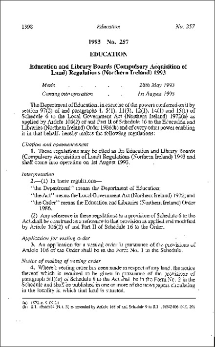 The Education and Library Boards (Compulsory Acquisition of Land) Regulations (Northern Ireland) 1993