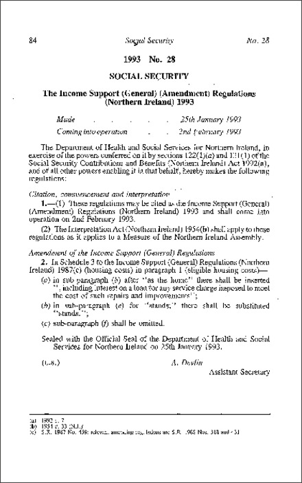 The Income Support (General) (Amendment) Regulations (Northern Ireland) 1993