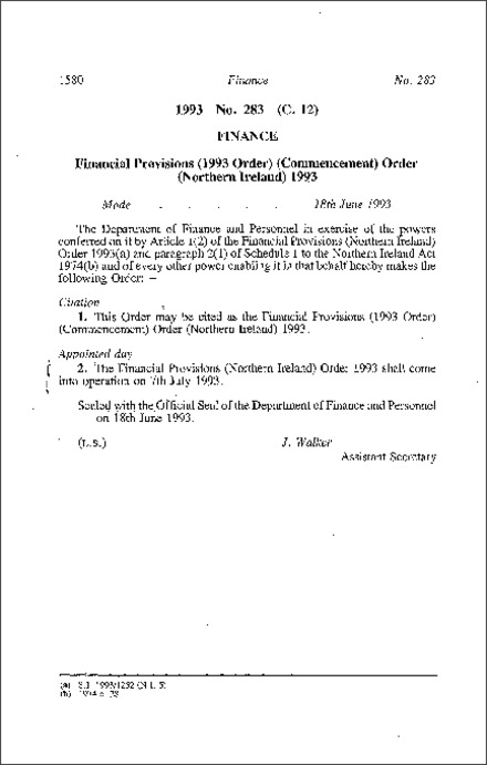 The Financial Provisions (1993 Order) (Commencement) Order (Northern Ireland) 1993