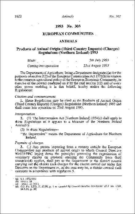 The Products of Animal Origin (Third Country Imports) (Charges) Regulations (Northern Ireland) 1993