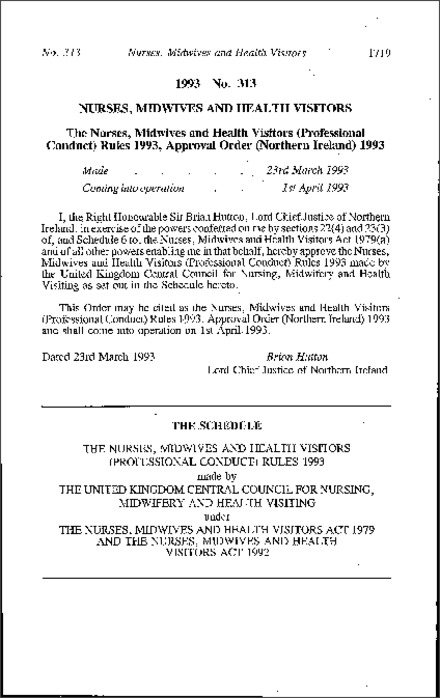 The Nurses, Midwives and Health Visitors (Professional Conduct) Rules 1993, Approval Order (Northern Ireland) 1993