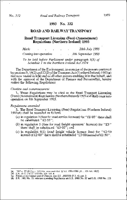 The Road Transport Licensing (Fees) (Amendment) Regulations (Northern Ireland) 1993