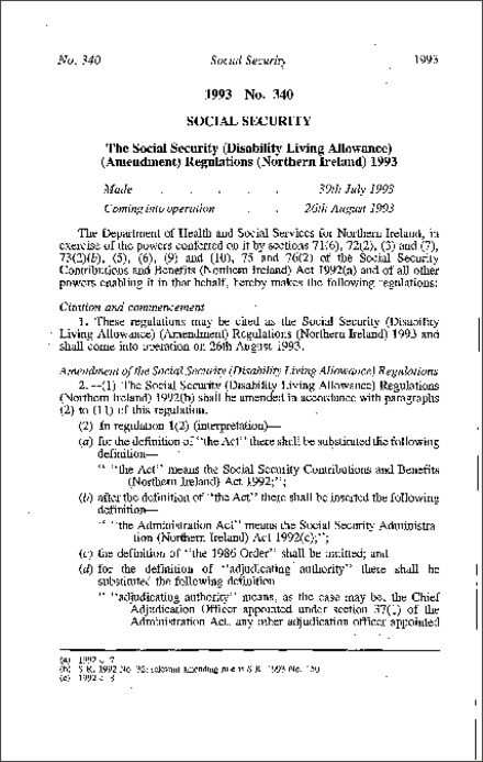 The Social Security (Disability Living Allowance) (Amendment) Regulations (Northern Ireland) 1993