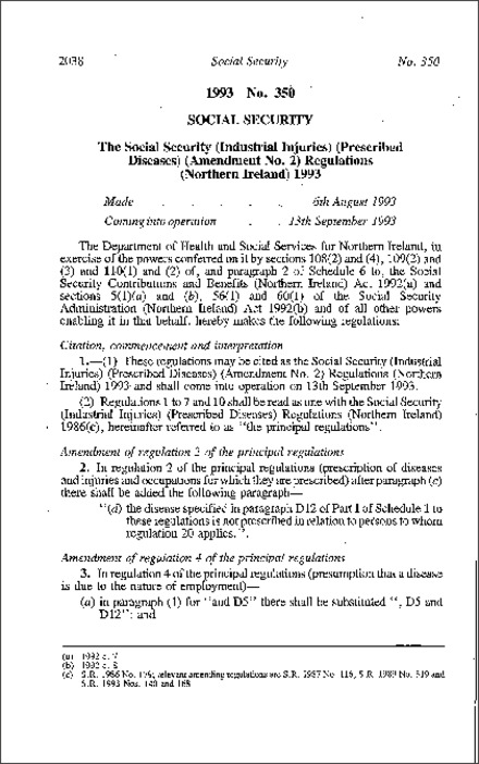 The Social Security (Industrial Injuries) (Prescribed Diseases) (Amendment No. 2) Regulations (Northern Ireland) 1993