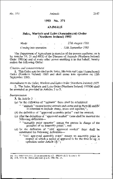 The Sales, Markets and Lairs (Amendment) Order (Northern Ireland) 1993