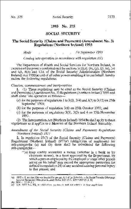 The Social Security (Claims and Payments) (Amendment No. 3) Regulations (Northern Ireland) 1993