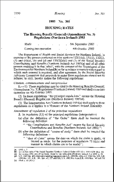 The Housing Benefit (General) (Amendment No. 3) Regulations (Northern Ireland) 1993