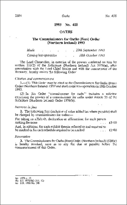 The Commissioners for Oaths (Fees) Order (Northern Ireland) 1993