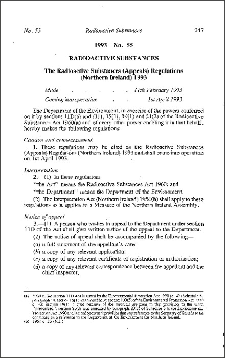 The Radioactive Substances (Appeals) Regulations (Northern Ireland) 1993
