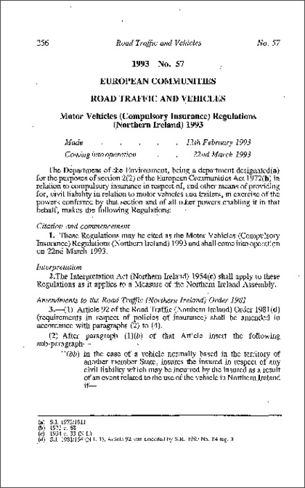 The Motor Vehicles (Compulsory Insurance) Regulations (Northern Ireland) 1993