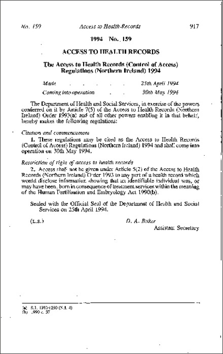 The Access to Health Records (Control of Access) Regulations (Northern Ireland) 1994