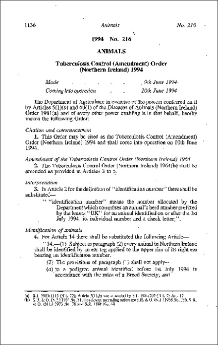 The Tuberculosis Control (Amendment) Order (Northern Ireland) 1994