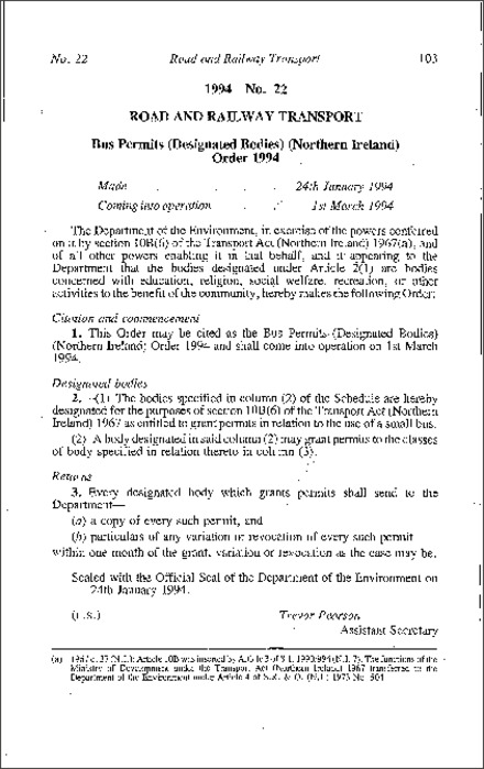 The Bus Permits (Designated Bodies) Order (Northern Ireland) 1994