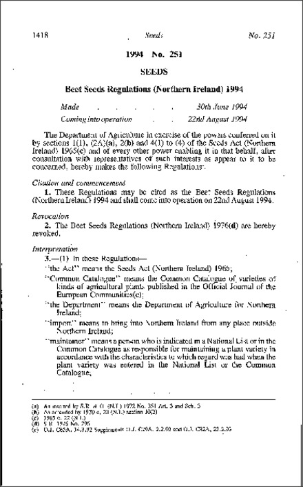 The Beet Seeds Regulations (Northern Ireland) 1994