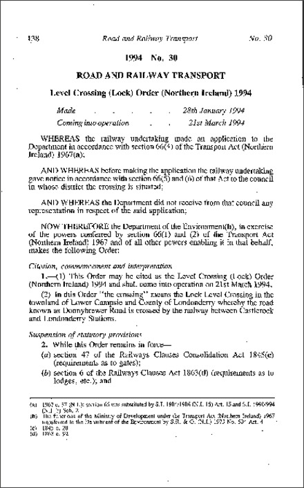 The Level Crossing (Lock) Order (Northern Ireland) 1994