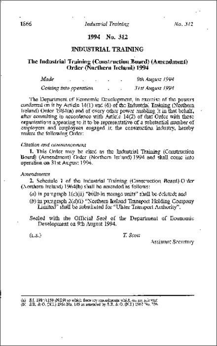 The Industrial Training (Construction Board) (Amendment) Order (Northern Ireland) 1994