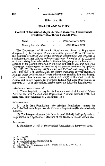 The Control of Industrial Major Accident Hazards (Amendment) Regulations (Northern Ireland) 1994