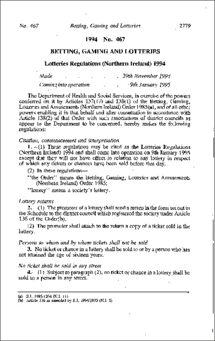 The Lotteries Regulations (Northern Ireland) 1994