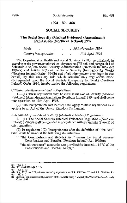 The Social Security (Medical Evidence) (Amendment) Regulations (Northern Ireland) 1994