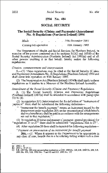 The Social Security (Claims and Payments) (Amendment No. 4) Regulations (Northern Ireland) 1994