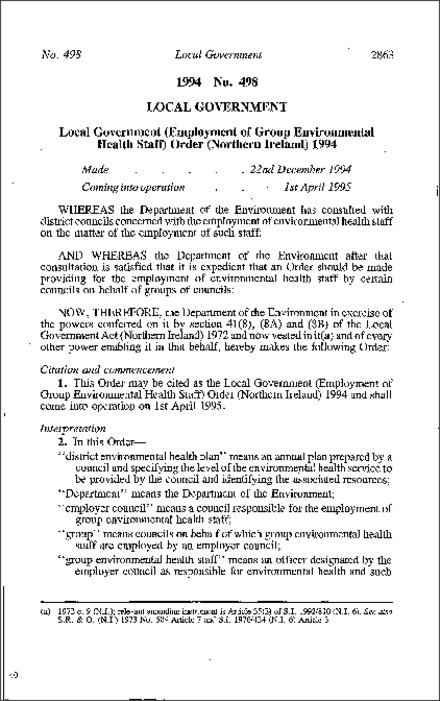 The Local Government (Employment of Group Environmental Health Staff) Order (Northern Ireland) 1994