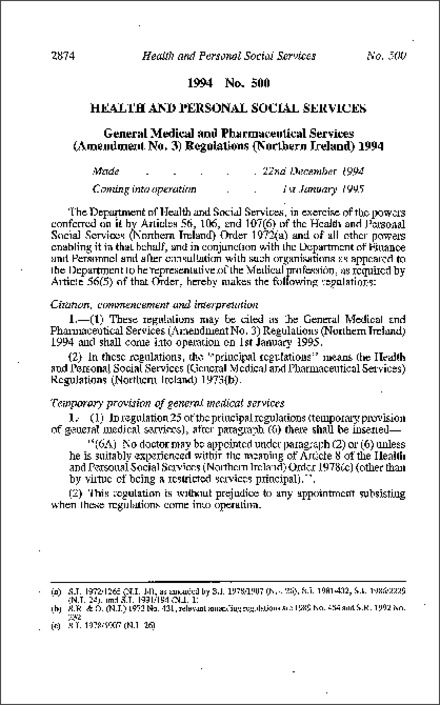 The General Medical and Pharmaceutical Services (Amendment No. 3) Regulations (Northern Ireland) 1994
