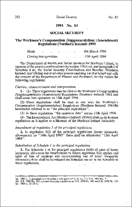 The Workmen's Compensation (Supplementation) (Amendment) Regulations (Northern Ireland) 1994