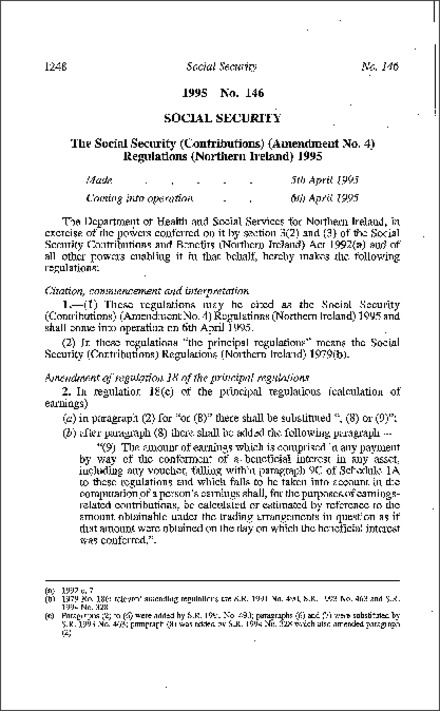 The Social Security (Contributions) (Amendment No. 4) Regulations (Northern Ireland) 1995