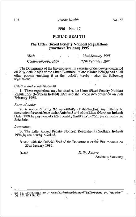 The Litter (Fixed Penalty Notices) Regulations (Northern Ireland) 1995