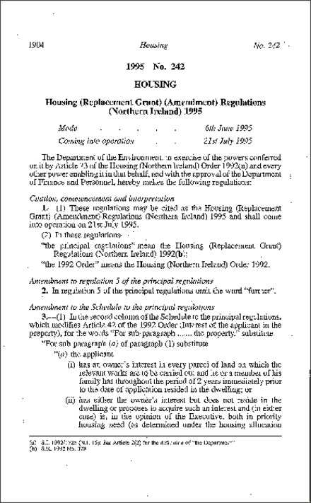 The Housing (Replacement Grant) (Amendment) Regulations (Northern Ireland) 1995