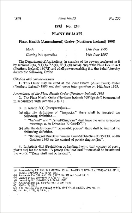 The Plant Health (Amendment) Order (Northern Ireland) 1995