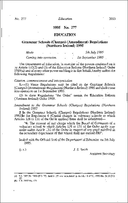 The Grammar Schools (Charges) (Amendment) Regulations (Northern Ireland) 1995