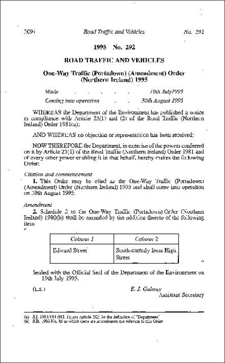 The One-Way Traffic (Portadown) (Amendment) Order (Northern Ireland) 1995