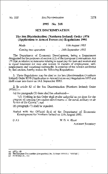 The Sex Discrimination (Northern Ireland) Order 1976 (Application to Armed Forces etc.) Regulations (Northern Ireland) 1995