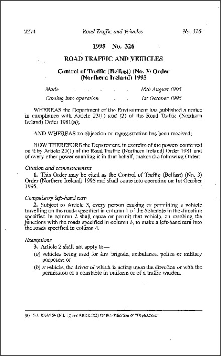 The Control of Traffic (Belfast) (No. 3) Order (Northern Ireland) 1995