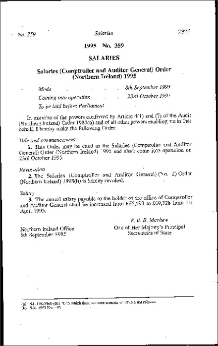 The Salaries (Comptroller and Auditor General) Order (Northern Ireland) 1995