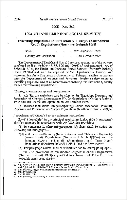 The Travelling Expenses and Remission of Charges (Amendment No. 2) Regulations (Northern Ireland) 1995