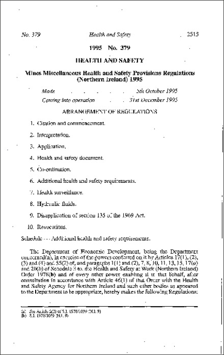 The Mines Miscellaneous Health and Safety Provisions Regulations (Northern Ireland) 1995