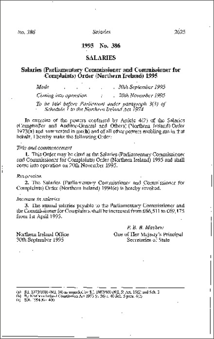 The Salaries (Parliamentary Commissioner and Commissioner for Complaints) Order (Northern Ireland) 1995
