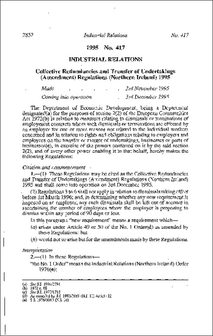 The Collective Redundancies and Transfer of Undertakings (Amendment) Regulations (Northern Ireland) 1995