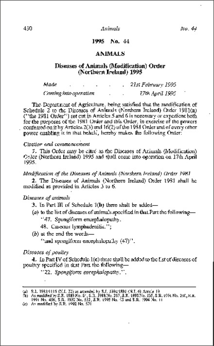 The Diseases of Animals (Modification) Order (Northern Ireland) 1995