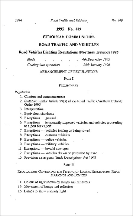 The Road Vehicles Lighting Regulations (Northern Ireland) 1995