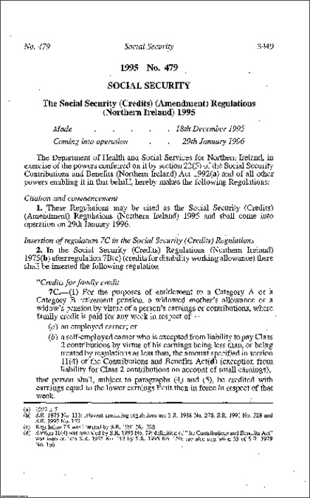 The Social Security (Credits) (Amendment) Regulations (Northern Ireland) 1995