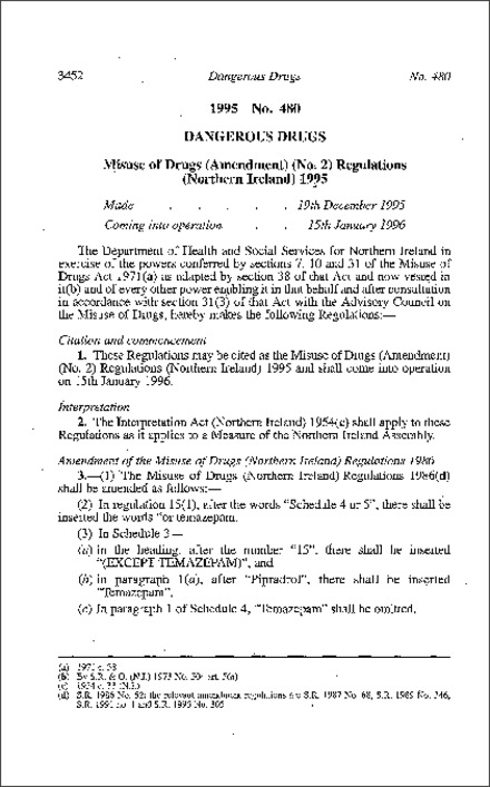 The Misuse of Drugs (Amendment) (No. 2) Regulations (Northern Ireland) 1995