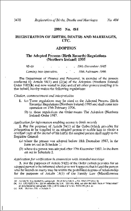 The Adopted Persons (Birth Records) Regulations (Northern Ireland) 1995