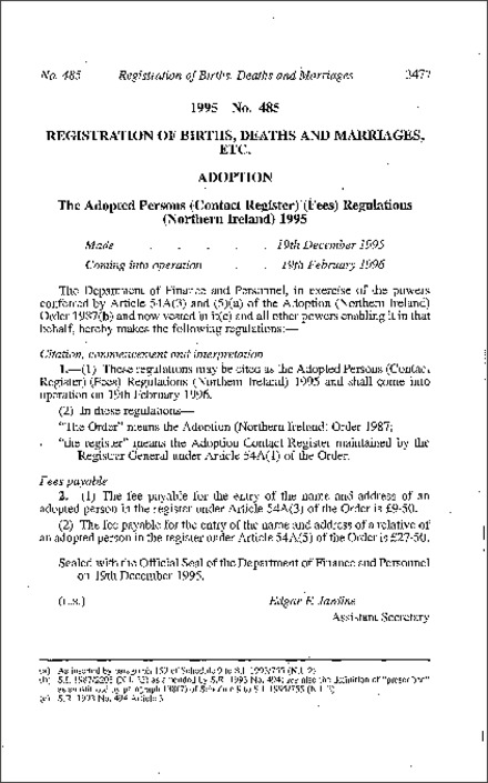 The Adopted Persons (Contact Register) (Fees) Regulations (Northern Ireland) 1995