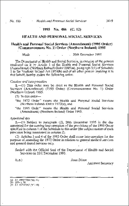 The Health and Personal Social Services (Amendment) (1995 Order) (Commencement No. 1) Order (Northern Ireland) 1995